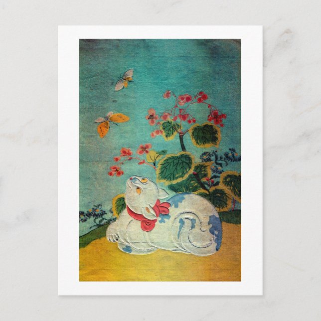 Katze und Schmetterling, Suzuki Harunobu Postkarte (Vorderseite)