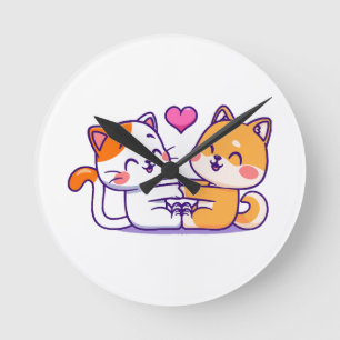 Katze und Shiba Inu Runde Wanduhr