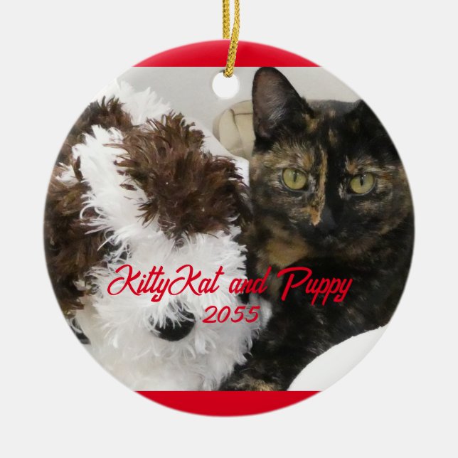 Katze und Spielzeughund, Ihr Foto Keramik Ornament (Vorne)