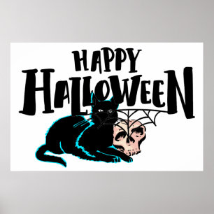Katze und Totenkopf Frohes Halloween Poster