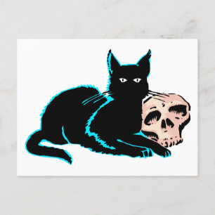 Katze und Totenkopf Halloween-Illustration Postkarte
