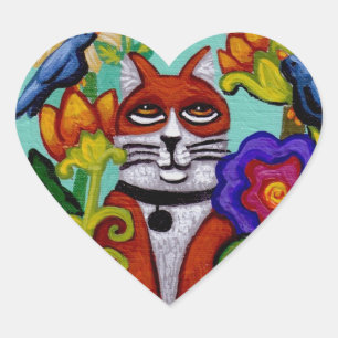 Katze und Vier-Birds-Heftsticker Herz-Aufkleber