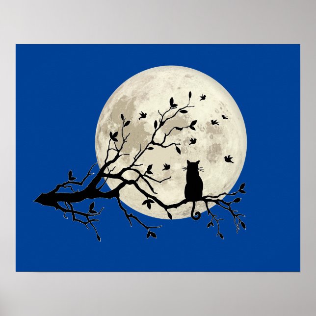 Katze und Vögel mit Silhouette und Vollmond Poster (Vorne)