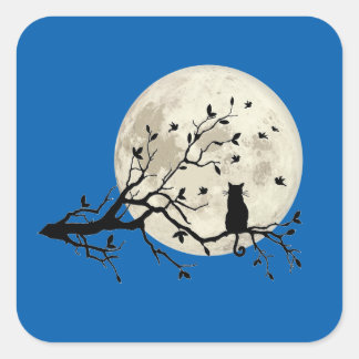 Katze und Vögel mit Silhouette und Vollmond Quadratischer Aufkleber