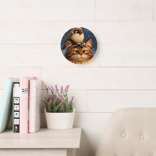 Katze und Vogel Runde Wanduhr (Lesesaal)