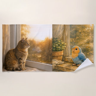 Katze und Vogel Warme Fensterlicht Strandtuch