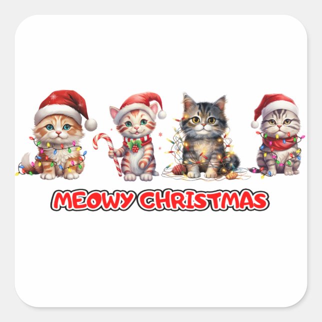 Katze und Weihnachtslicht Meowa Weihnachten Quadratischer Aufkleber (Vorderseite)