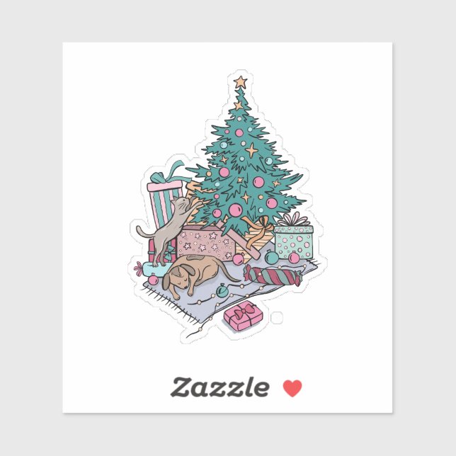 Katze und Welpen Weihnachtsbaum Einfach Minimalist Aufkleber (Blatt)