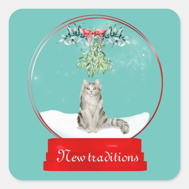 Katze unter dem Mistletoe-Schneeglobe Quadratischer Aufkleber (Vorderseite)