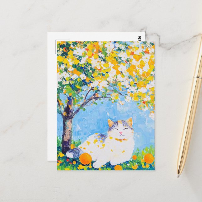 Katze unter dem Orangenbaum Postkarte (Vorderseite/Rückseite Beispiel)