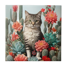 Katze unter den Kakteen | Katzenliebhaber Fliese