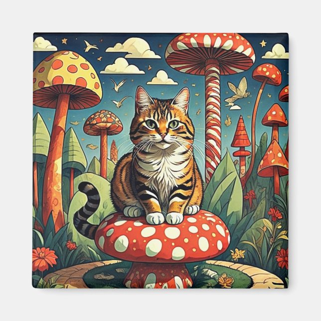 Katze unter den Pilzen Magnet (Vorne)