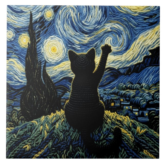 Katze Vangogh Sternennacht Fliese (Vorderseite)