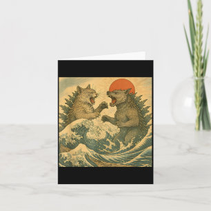 Katze Vs Hund Kaiju-Monster Japanischer Ukiyo-e-St Karte