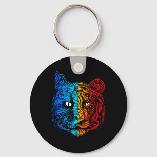 Katze vs Tiger Gesicht Mandala Design Schlüsselanhänger