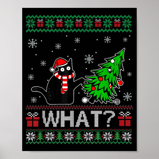 Katze Was lustige schwarze Katze Pushing Weihnacht Poster (Vorne)