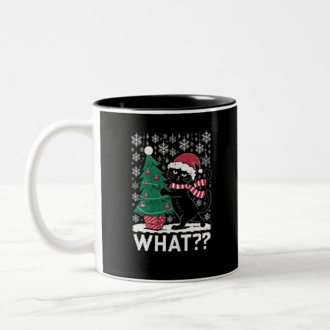 Katze Was lustige schwarze Katze Pushing Weihnacht Zweifarbige Tasse (Links)