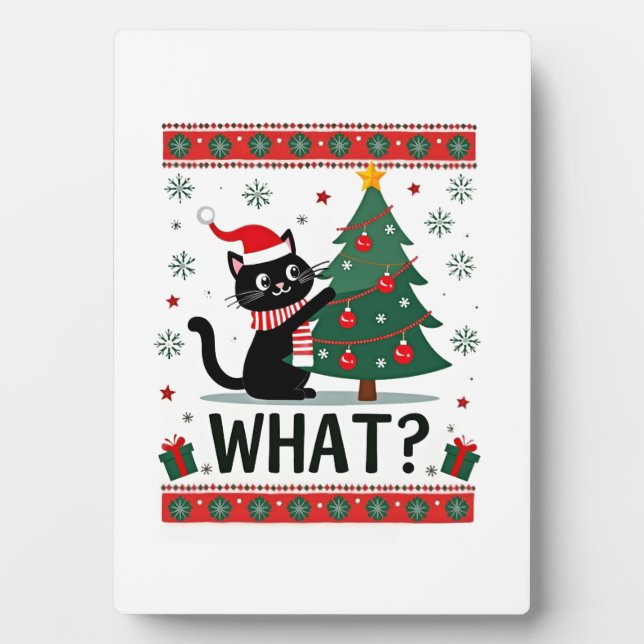 Katze Was Lustige Schwarze Katze Schiebt Weihnacht Fotoplatte (Vorderseite)