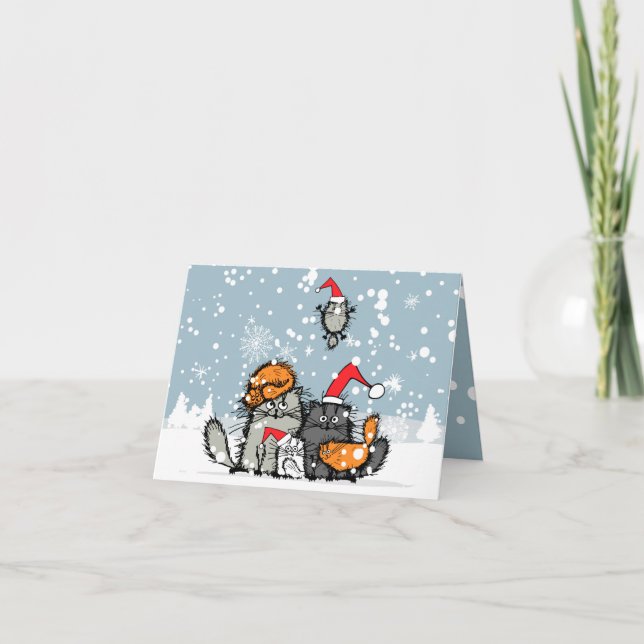 Katze Weihnachten, Schnee, Cartoon, lustiger Urlau Karte (Vorderseite)