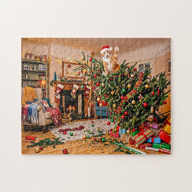 Katze winkt vom Weihnachtsbaum (Horizontal)