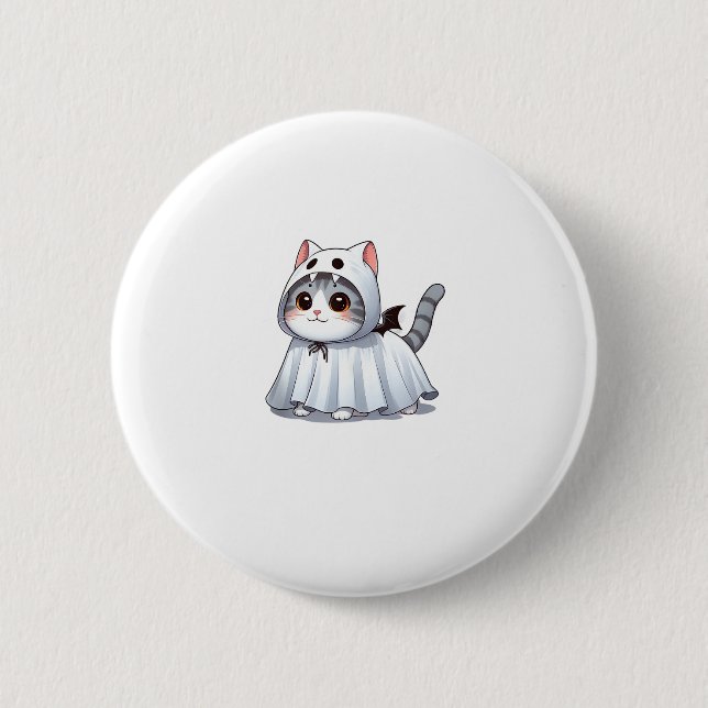 Katze zu Halloween in Ghost-Kostüm Button (Vorderseite)