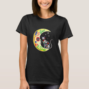 Katze Zucker Schädel Mexiko Calavera Mond Hallowee T-Shirt