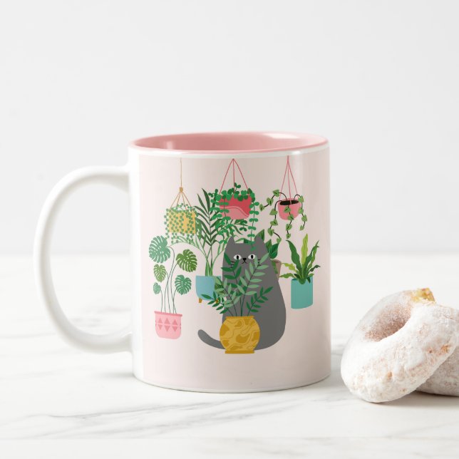 Katze zwischen Pflanze Funny Zweifarbige Tasse (Mit Donut)