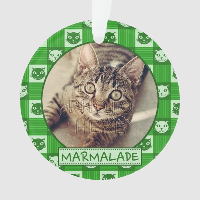 Katzeaddieren niedlicher grüner Kitty-Gingham Ornament (Vorderseite)