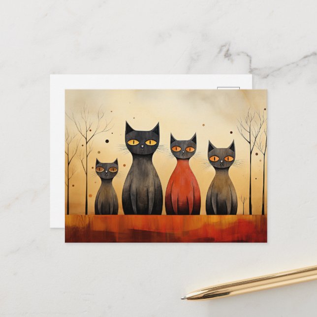 Katzen alarmieren, untersuchen, KI generiert, Postkarte (Vorderseite/Rückseite Beispiel)