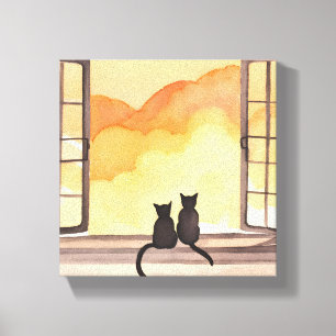 Katzen am Fenster   Sonnenuntergang Wasserfarbe Si Leinwanddruck