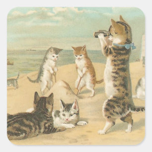 "Katzen am Strand" Vintag Quadratischer Aufkleber