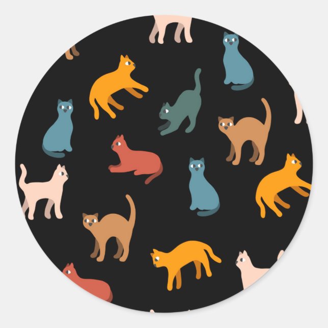 Katzen auf schwarz runder aufkleber (Vorderseite)