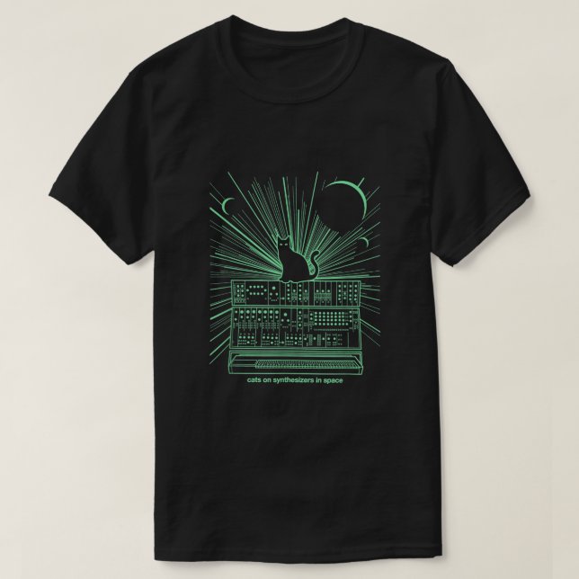 Katzen auf Synthesizern im Weltraum T-Shirt (Design vorne)