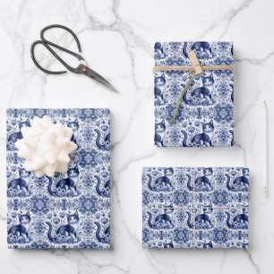 Katzen Blumen Elegant Englisch Delft-Ware Blau Wei Geschenkpapier Set