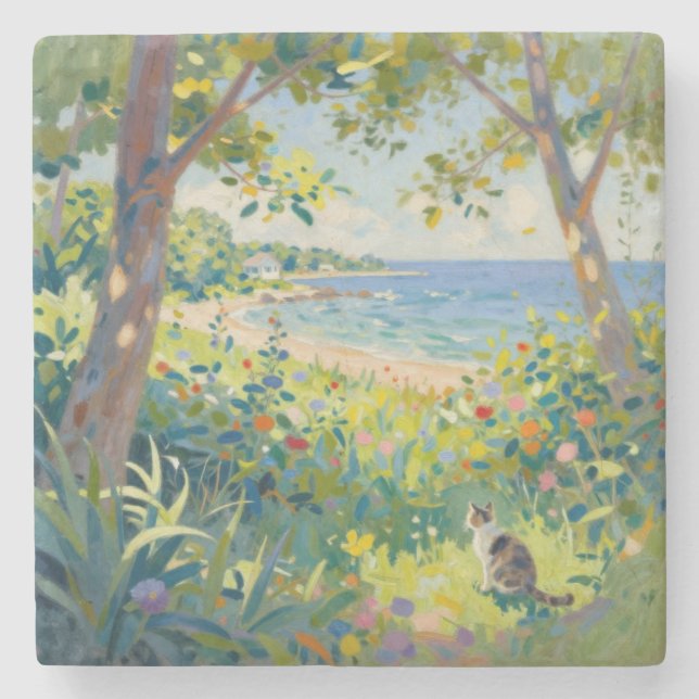 Katzen Blumen Und Meer Steinuntersetzer (Vorderseite)