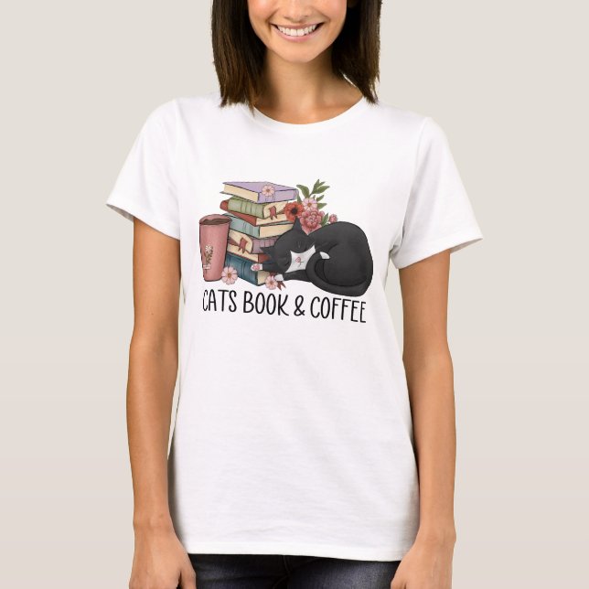Katzen Buch und Kaffee T-Shirt (Vorderseite)