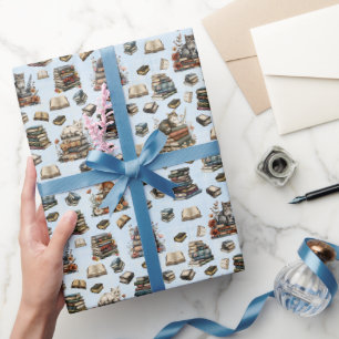 Katzen & Bücher auf Hellblau Geschenkpapier