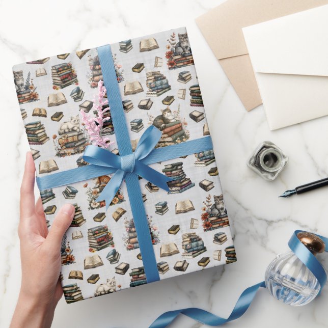 Katzen & Bücher auf Hellgrau Geschenkpapier (Schenken)