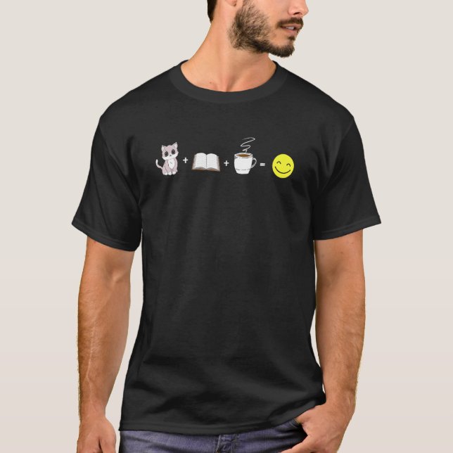 Katzen Bücher Kaffee glückliche Gesicht T-Shirt (Vorderseite)