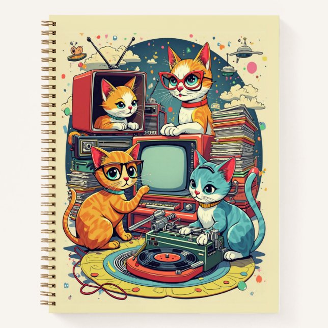 Katzen des mittleren Jahrhunderts mit Retro-Platte Notizbuch (Vorderseite)