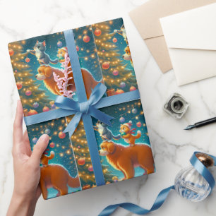 Katzen, die auf Hunde Stehend sind, um Weihnachtsb Geschenkpapier