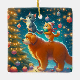 Katzen, die auf Hunde Stehend sind, um Weihnachtsb Keramikornament