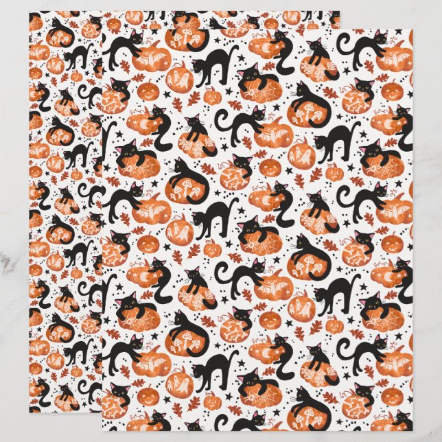 Katzen, die Halloween Pumpkins Scrapbook Paper tra (Vorne/Hinten)