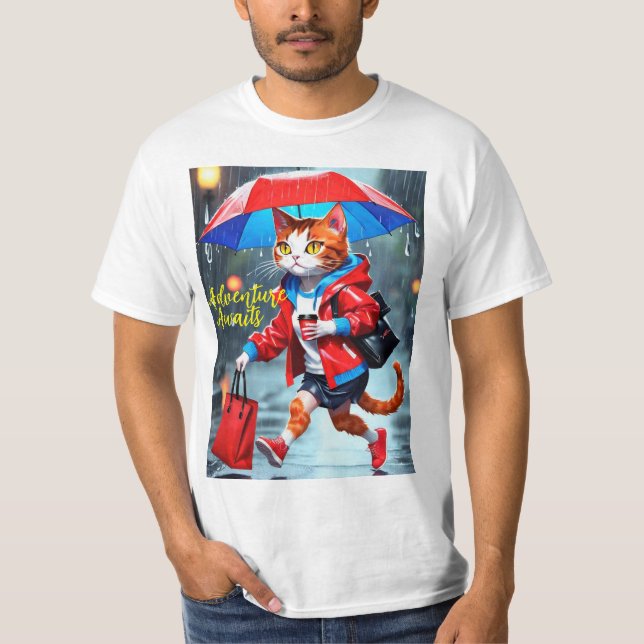 Katzen, die mit Regenschirmen im T - Shirt laufen (Vorderseite)