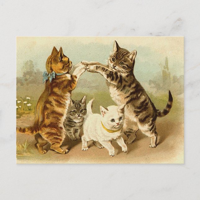 Katzen, die Vintage Illustration spielen Postkarte (Vorderseite)