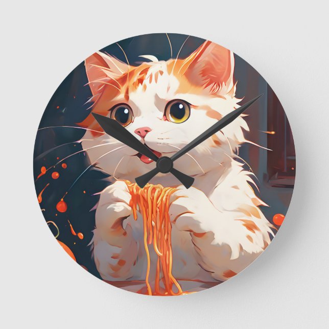 Katzen essen Spaghetti Runde Wanduhr (Vorderseite)