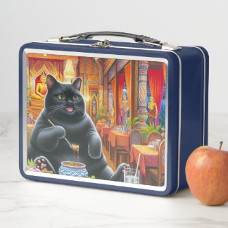 Katzen essen thailändische Speisen im thailändisch Metall Brotdose
