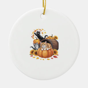 Katzen fallen Herbst-Kürbisse Erntedankfest Sonnen Keramik Ornament