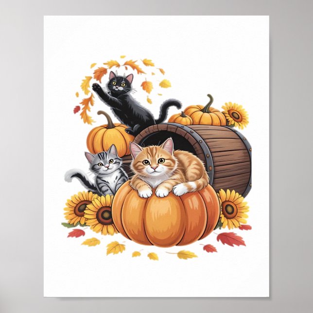 Katzen fallen Herbstpumpen Erntedank Sonnenblume C Poster (Vorne)