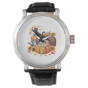 Katzen fallen Herbstpumpen Erntedank Sonnenblume O Armbanduhr